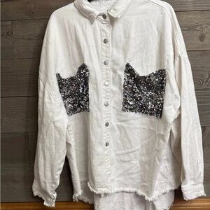POL Boho Sequin Pocket Button Down Top Size Large Raw Hem Boutique